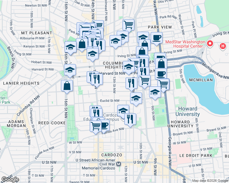 map of restaurants, bars, coffee shops, grocery stores, and more near 13th St NW & Fairmont St NW in Washington