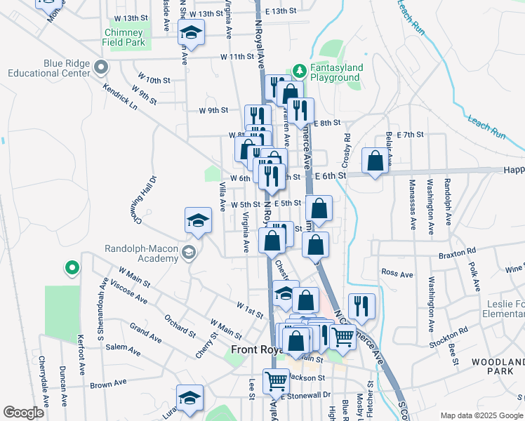 map of restaurants, bars, coffee shops, grocery stores, and more near 426 North Royal Avenue in Front Royal