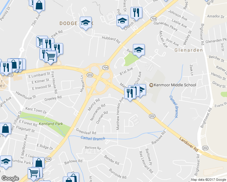 map of restaurants, bars, coffee shops, grocery stores, and more near 8111 Landover Road in Greater Landover