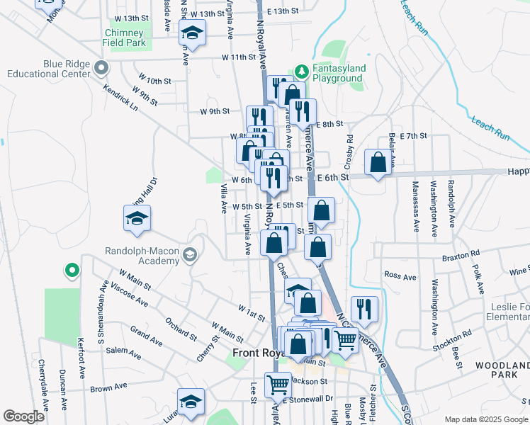 map of restaurants, bars, coffee shops, grocery stores, and more near 426 North Royal Avenue in Front Royal