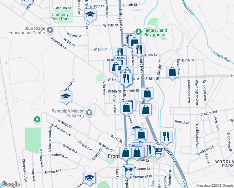 map of restaurants, bars, coffee shops, grocery stores, and more near 423 Virginia Avenue in Front Royal