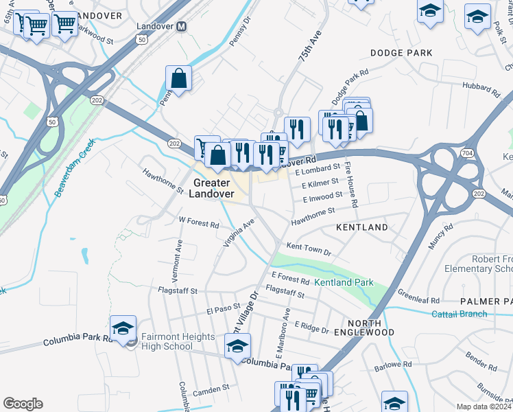 map of restaurants, bars, coffee shops, grocery stores, and more near 6874 Hawthorne Street in Greater Landover
