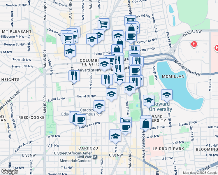 map of restaurants, bars, coffee shops, grocery stores, and more near 11th Street Northwest & Fairmont Street Northwest in Washington