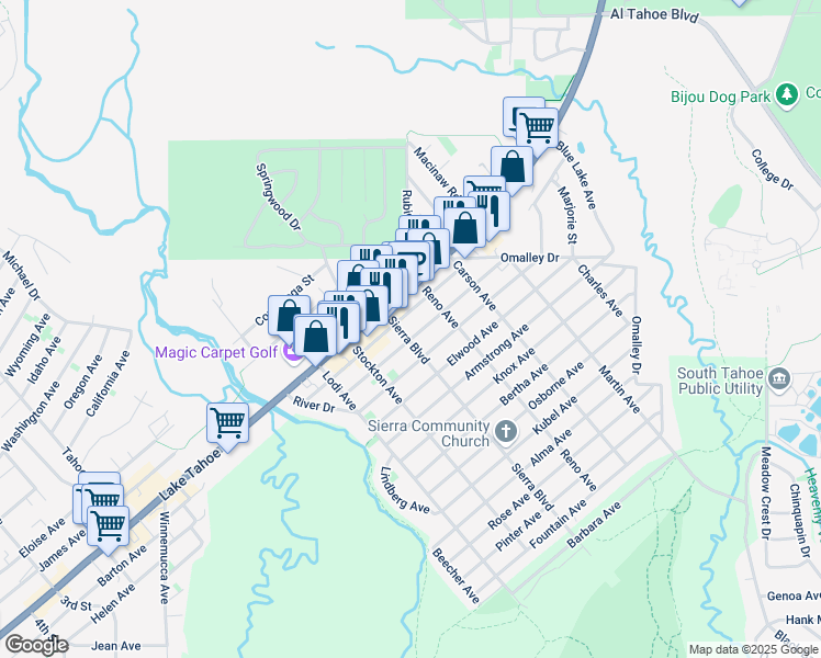 map of restaurants, bars, coffee shops, grocery stores, and more near 2564 Palmira Avenue in South Lake Tahoe
