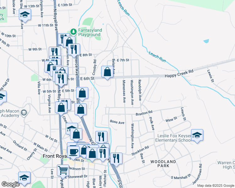 map of restaurants, bars, coffee shops, grocery stores, and more near 441 Belair Avenue in Front Royal