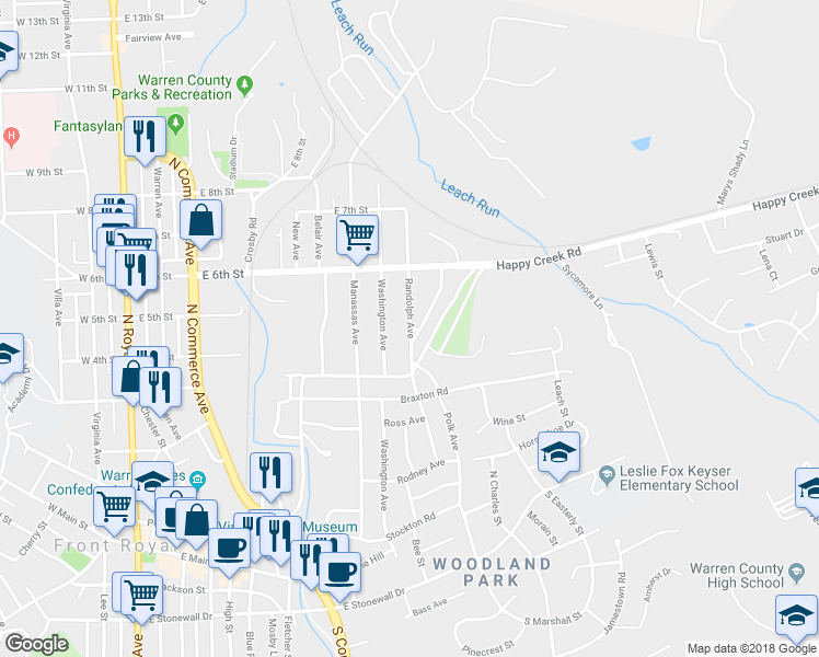 map of restaurants, bars, coffee shops, grocery stores, and more near 444 Randolph Avenue in Front Royal