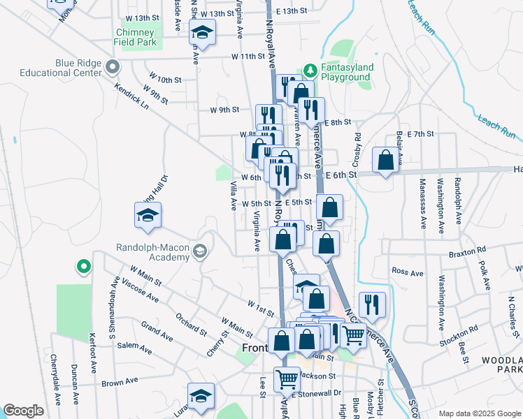 map of restaurants, bars, coffee shops, grocery stores, and more near 423 Virginia Avenue in Front Royal
