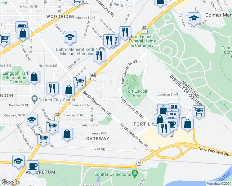 map of restaurants, bars, coffee shops, grocery stores, and more near 2811 31st Place Northeast in Washington