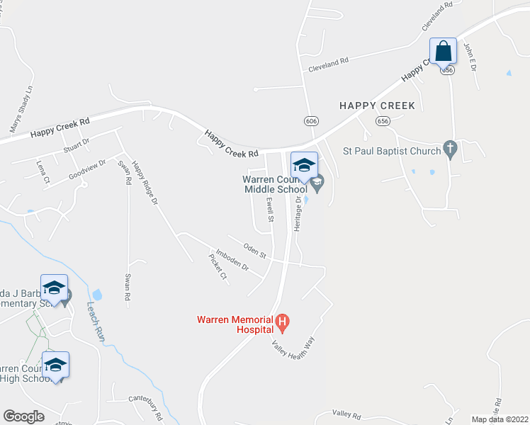 map of restaurants, bars, coffee shops, grocery stores, and more near 1119 Ewell Street in Front Royal