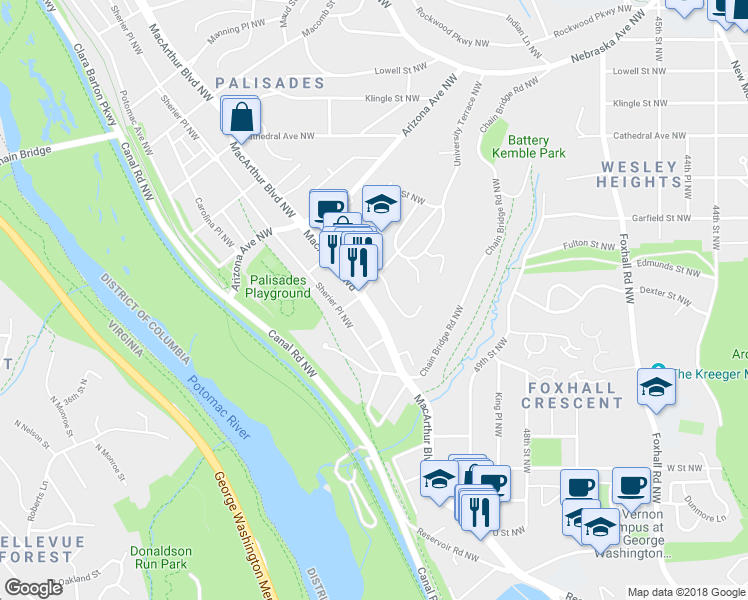 map of restaurants, bars, coffee shops, grocery stores, and more near 5065 MacArthur Boulevard Northwest in Washington
