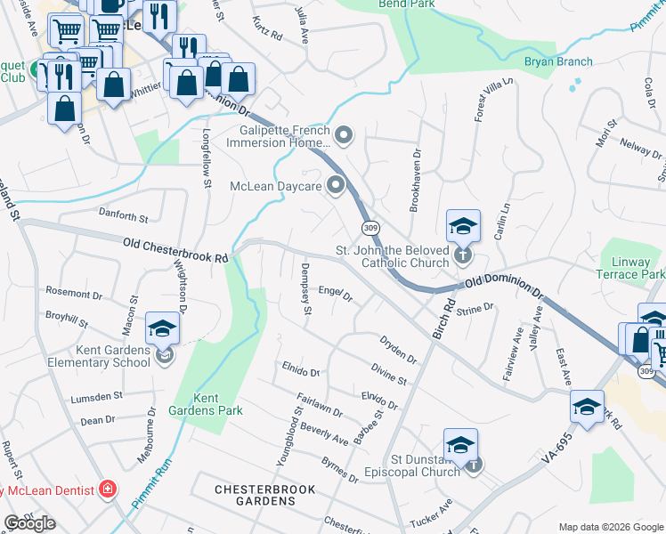 map of restaurants, bars, coffee shops, grocery stores, and more near 6519 Old Chesterbrook Road in McLean