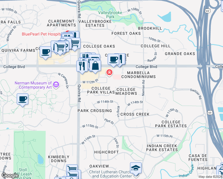 map of restaurants, bars, coffee shops, grocery stores, and more near 11434 West 112th Terrace in Overland Park