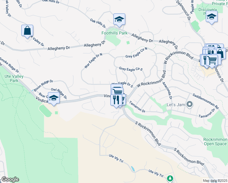 map of restaurants, bars, coffee shops, grocery stores, and more near 870 Vindicator Drive in Colorado Springs