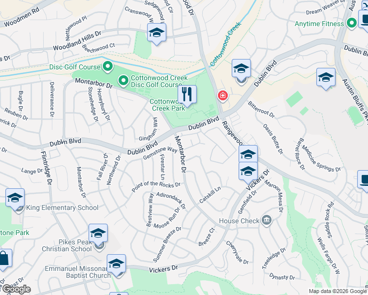 map of restaurants, bars, coffee shops, grocery stores, and more near 4191 Diamond Ridge View in Colorado Springs