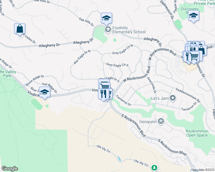 map of restaurants, bars, coffee shops, grocery stores, and more near 870 Vindicator Drive in Colorado Springs