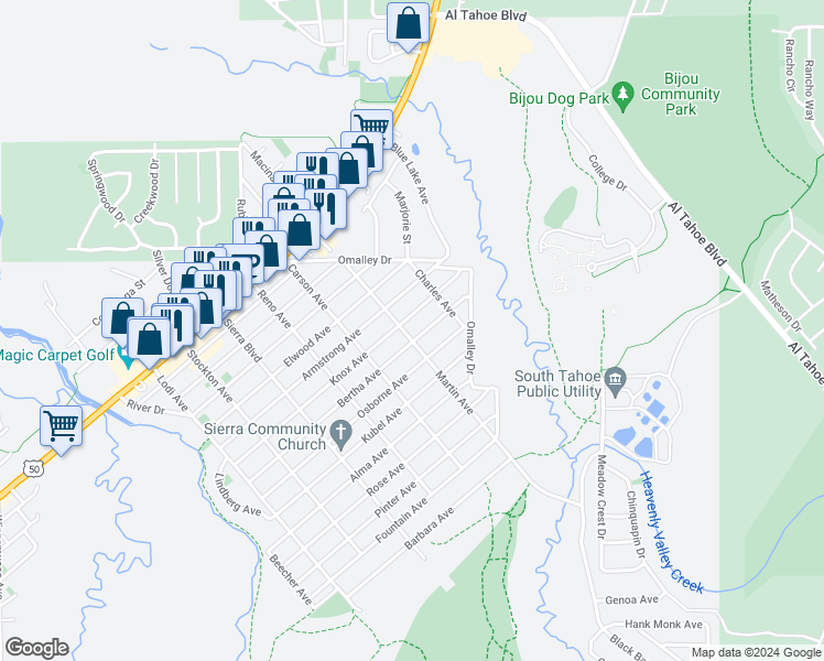 map of restaurants, bars, coffee shops, grocery stores, and more near 2676 Knox Avenue in South Lake Tahoe