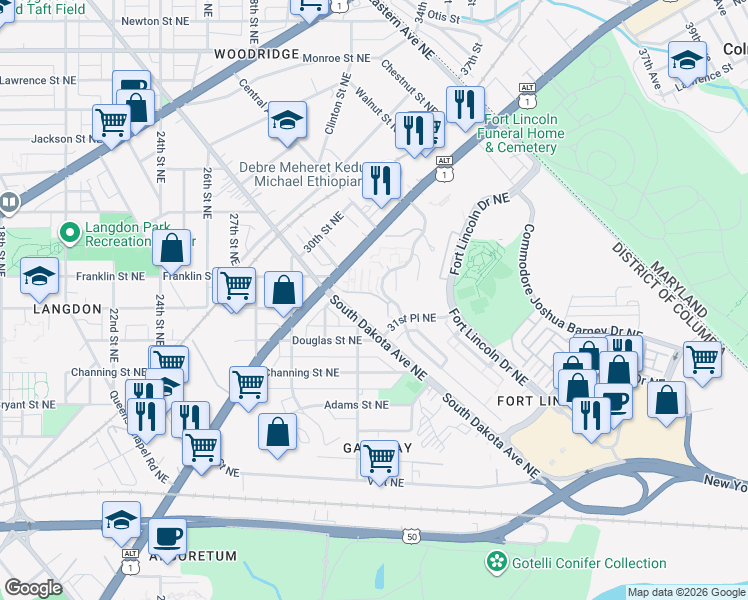 map of restaurants, bars, coffee shops, grocery stores, and more near 101 Independence Avenue Southeast in Washington