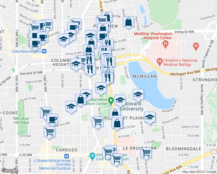 map of restaurants, bars, coffee shops, grocery stores, and more near 101 Independence Avenue Southeast in Washington