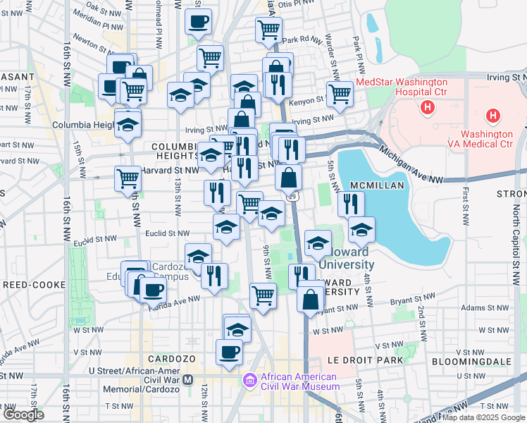 map of restaurants, bars, coffee shops, grocery stores, and more near 773 Fairmont Street Northwest in Washington