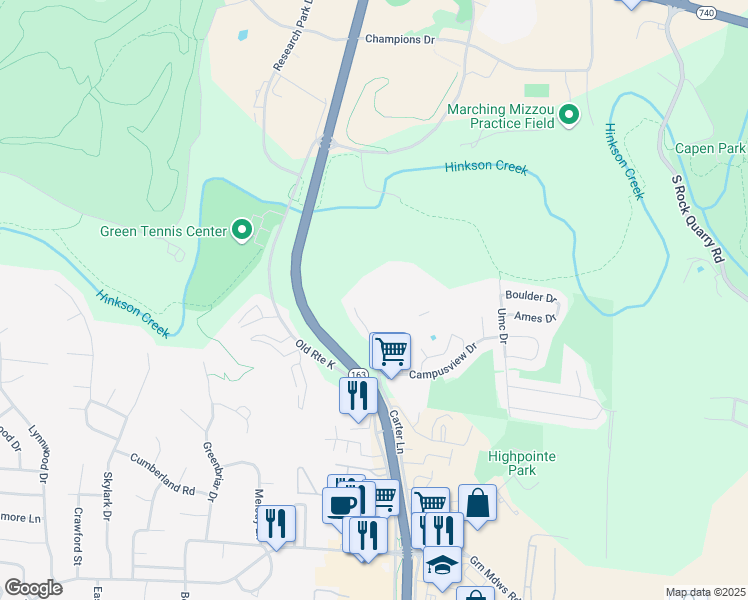 map of restaurants, bars, coffee shops, grocery stores, and more near 301 Campusview Drive in Columbia
