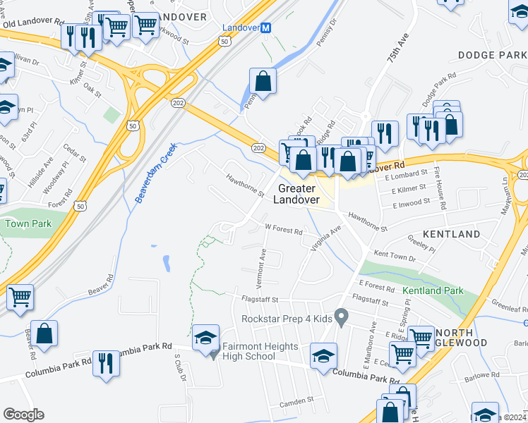 map of restaurants, bars, coffee shops, grocery stores, and more near 6706 West Forest Road in Greater Landover