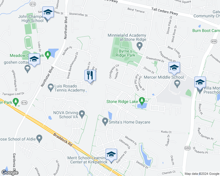 map of restaurants, bars, coffee shops, grocery stores, and more near 41831 Diabase Square in Aldie