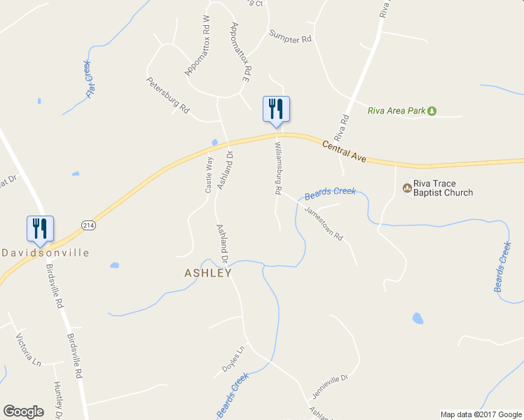 map of restaurants, bars, coffee shops, grocery stores, and more near 3518 Williamsburg Road in Davidsonville