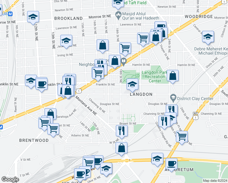 map of restaurants, bars, coffee shops, grocery stores, and more near 1712 Evarts Street Northeast in Washington