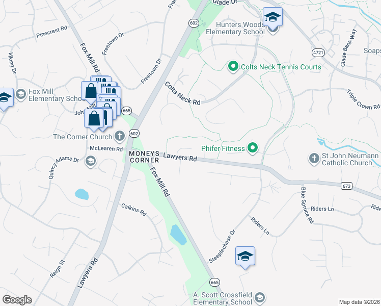 map of restaurants, bars, coffee shops, grocery stores, and more near 2515 Farrier Lane in Reston