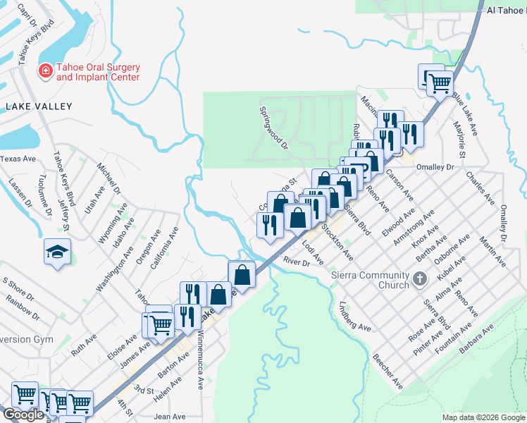 map of restaurants, bars, coffee shops, grocery stores, and more near 2456 Conestoga Street in South Lake Tahoe