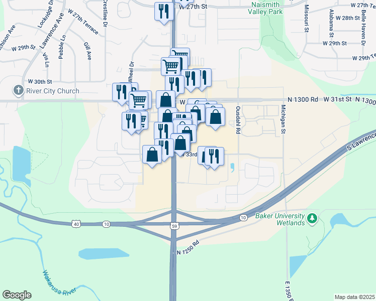 map of restaurants, bars, coffee shops, grocery stores, and more near 3220 Iowa Street in Lawrence