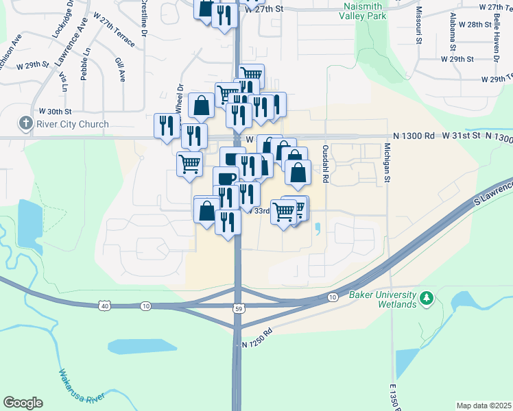 map of restaurants, bars, coffee shops, grocery stores, and more near 3220 Iowa Street in Lawrence