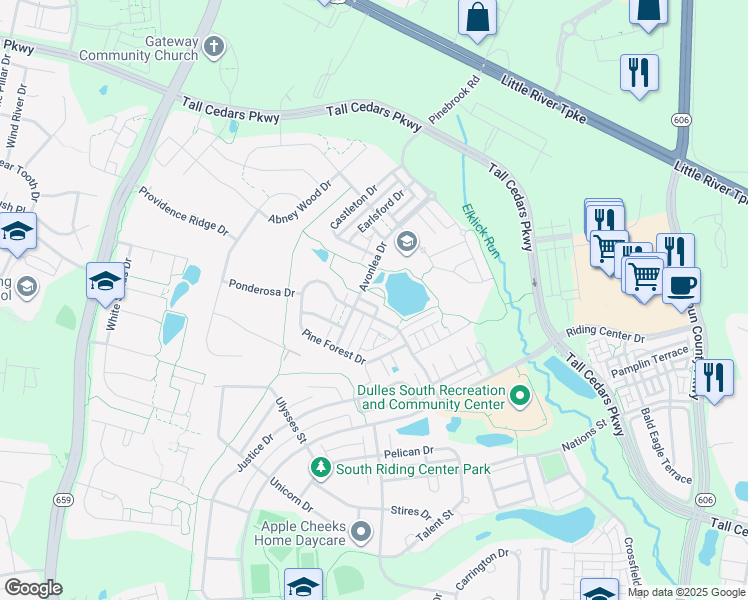 map of restaurants, bars, coffee shops, grocery stores, and more near 42528 Rowderbury Square in Chantilly