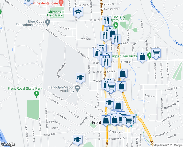 map of restaurants, bars, coffee shops, grocery stores, and more near 126 West 5th Street in Front Royal