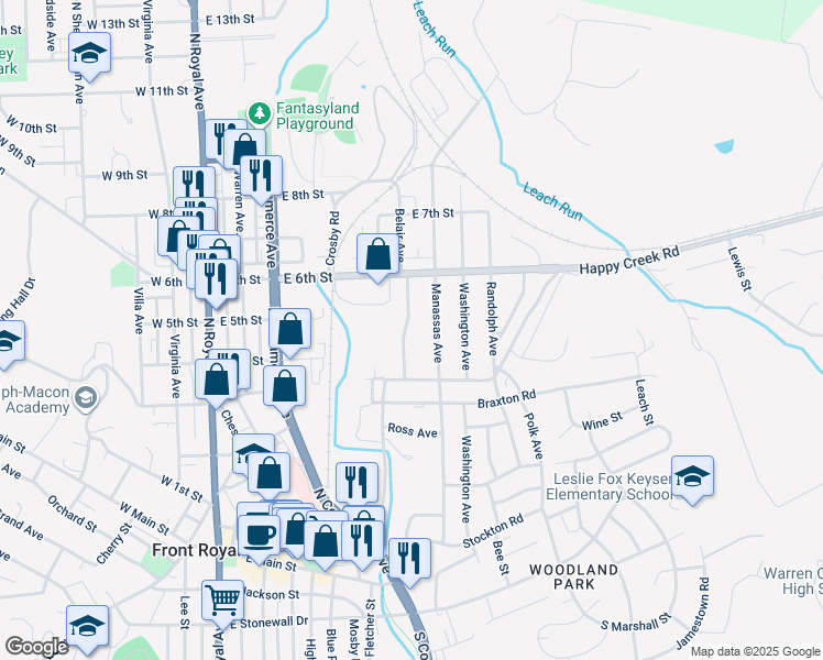 map of restaurants, bars, coffee shops, grocery stores, and more near 441 Belair Avenue in Front Royal