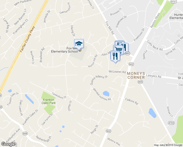 map of restaurants, bars, coffee shops, grocery stores, and more near 12554 Quincy Adams Court in Herndon