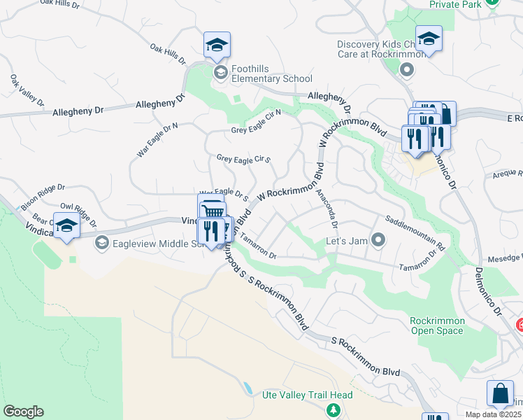 map of restaurants, bars, coffee shops, grocery stores, and more near 6421 Redstone Circle in Colorado Springs