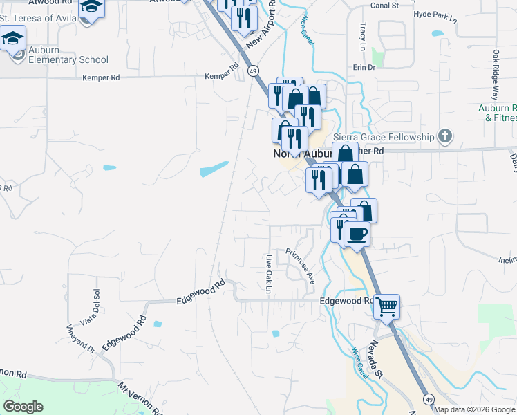 map of restaurants, bars, coffee shops, grocery stores, and more near 1636 Lilac Lane in Auburn