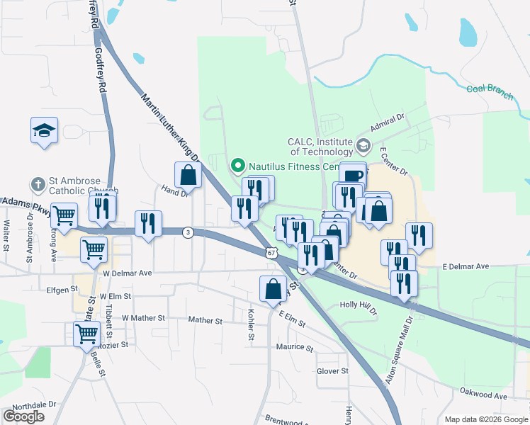 map of restaurants, bars, coffee shops, grocery stores, and more near Northport Drive in Alton