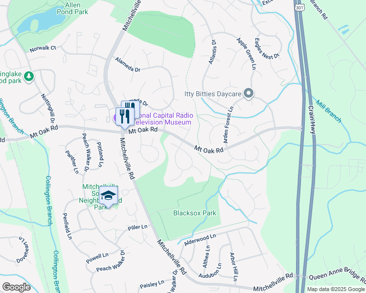map of restaurants, bars, coffee shops, grocery stores, and more near 2543 Ann Arbor Lane in Bowie