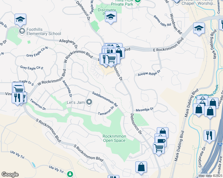 map of restaurants, bars, coffee shops, grocery stores, and more near 6450 Hawkeye Circle in Colorado Springs