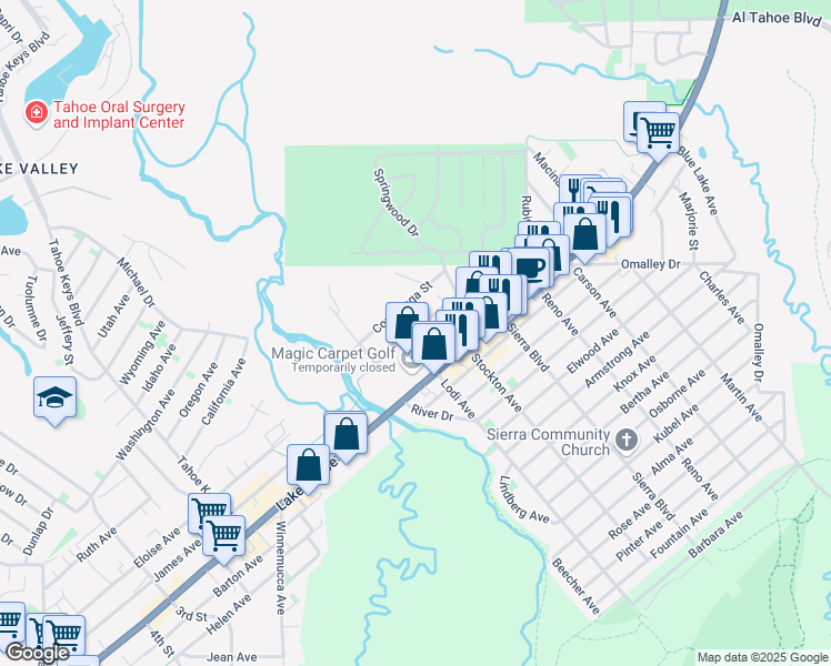 map of restaurants, bars, coffee shops, grocery stores, and more near 10 Ponderosa Street in South Lake Tahoe