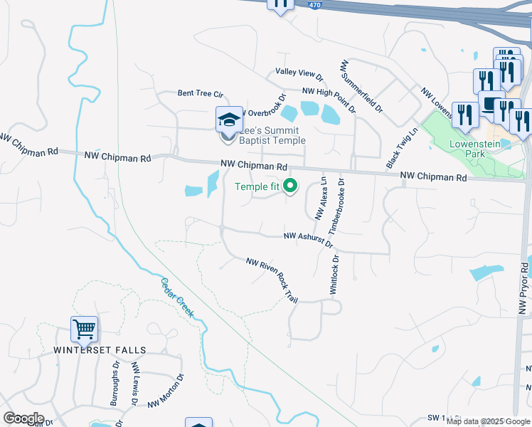 map of restaurants, bars, coffee shops, grocery stores, and more near 510 Ashurst Place in Lee's Summit