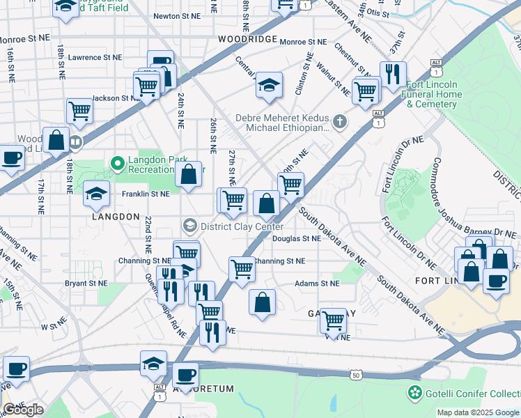 map of restaurants, bars, coffee shops, grocery stores, and more near 2818 Evarts Street Northeast in Washington