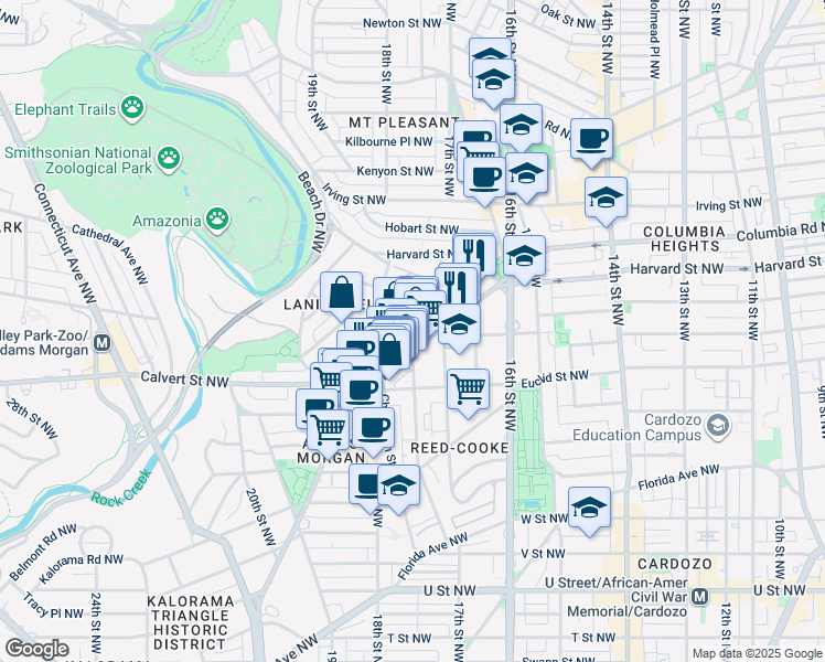 map of restaurants, bars, coffee shops, grocery stores, and more near 2713 Ontario Road Northwest in Washington