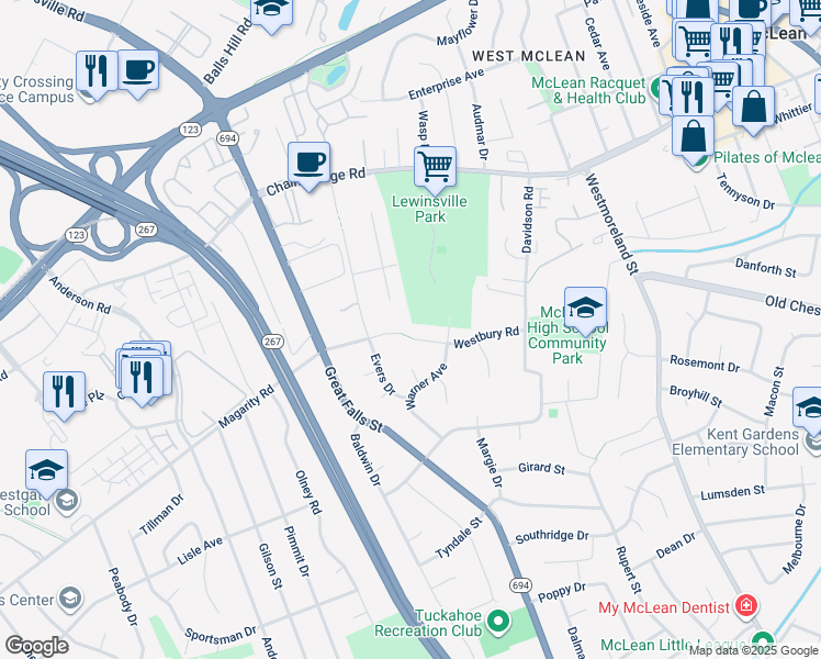 map of restaurants, bars, coffee shops, grocery stores, and more near 7108 Davis Court in McLean