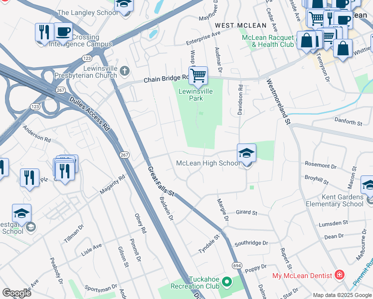 map of restaurants, bars, coffee shops, grocery stores, and more near 7108 Davis Court in McLean
