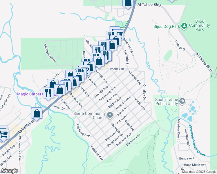 map of restaurants, bars, coffee shops, grocery stores, and more near 2620 Elwood Avenue in South Lake Tahoe