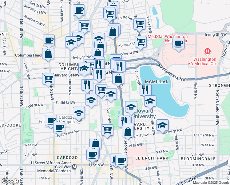 map of restaurants, bars, coffee shops, grocery stores, and more near 722 Fairmont Street Northwest in Washington