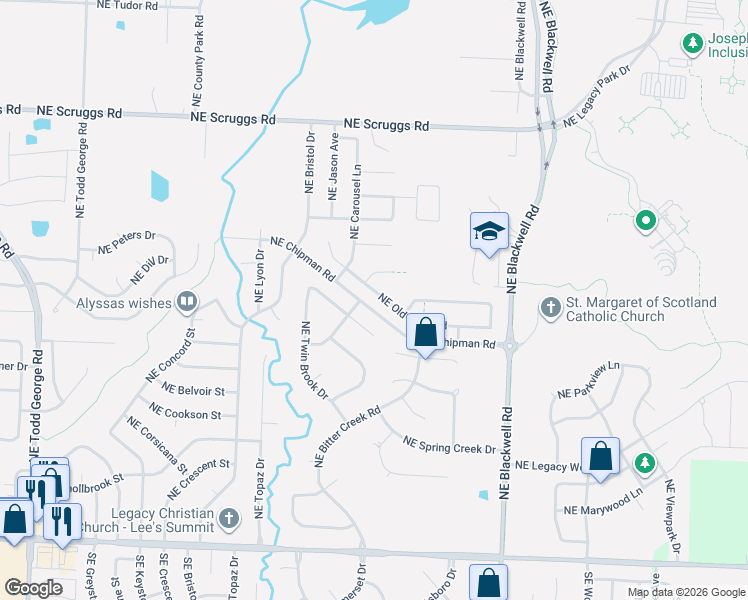 map of restaurants, bars, coffee shops, grocery stores, and more near 2421 Northeast Old Paint Road in Lee's Summit